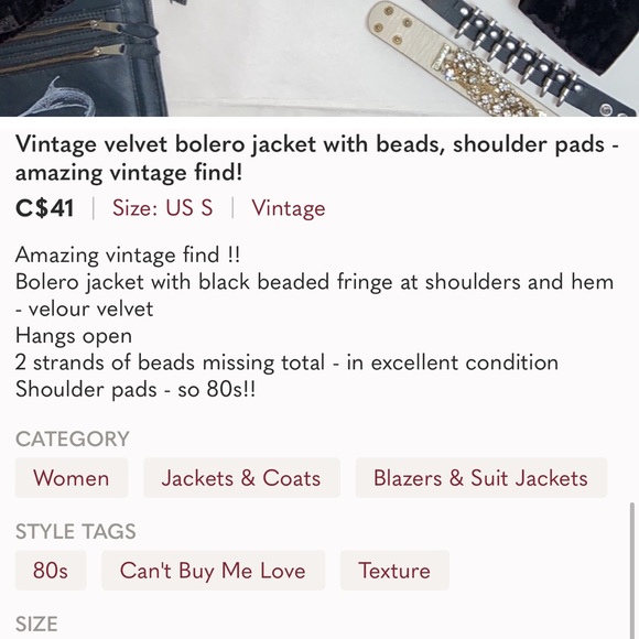 Vintage black velvet bolero jacket with fringe beads and shoulder pads - Picture 7 of 7